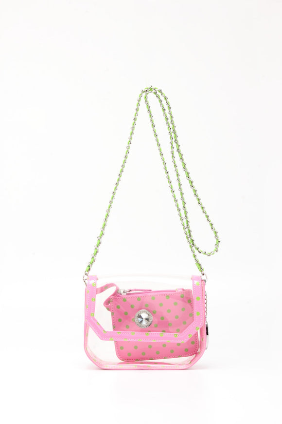 SCORE! Chrissy Small Designer Clear Crossbody Bag - Pink and Green