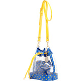 SCORE! Clear Sarah Jean Designer Crossbody Polka Dot Boho Bucket Bag- Royal Blue & Yellow Gold