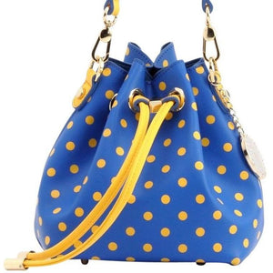 SCORE! Sarah Jean Small Crossbody Polka dot BoHo Bucket Bag- Royal Blue and Gold Yellow