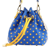 SCORE! Sarah Jean Small Crossbody Polka dot BoHo Bucket Bag- Royal Blue and Gold Yellow