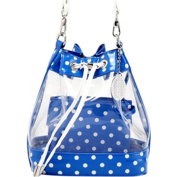 SCORE! Clear Sarah Jean Designer Crossbody Polka Dot Boho Bucket Bag- Royal Blue & White