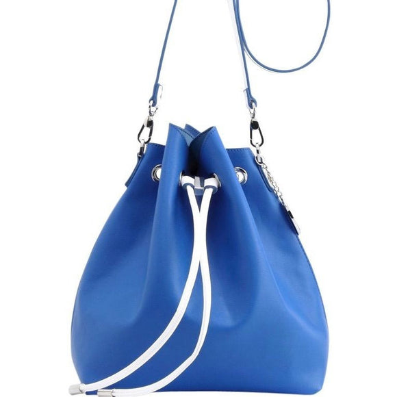 SCORE! Sarah Jean Crossbody Large BoHo Bucket Bag - Royal Blue and White