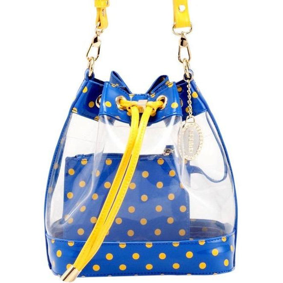 SCORE! Clear Sarah Jean Designer Crossbody Polka Dot Boho Bucket Bag- Royal Blue & Yellow Gold
