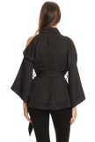 Cold shoulder kimono-wrap blouse P2014