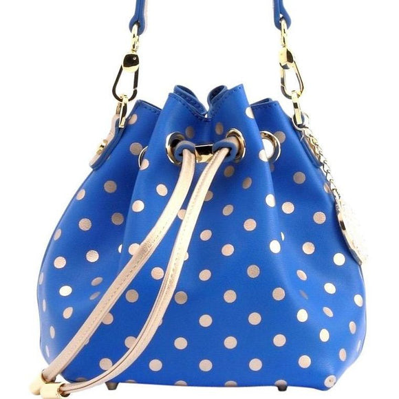 SCORE! Sarah Jean Small Crossbody Polka dot BoHo Bucket Bag- Royal Blue and Gold Gold